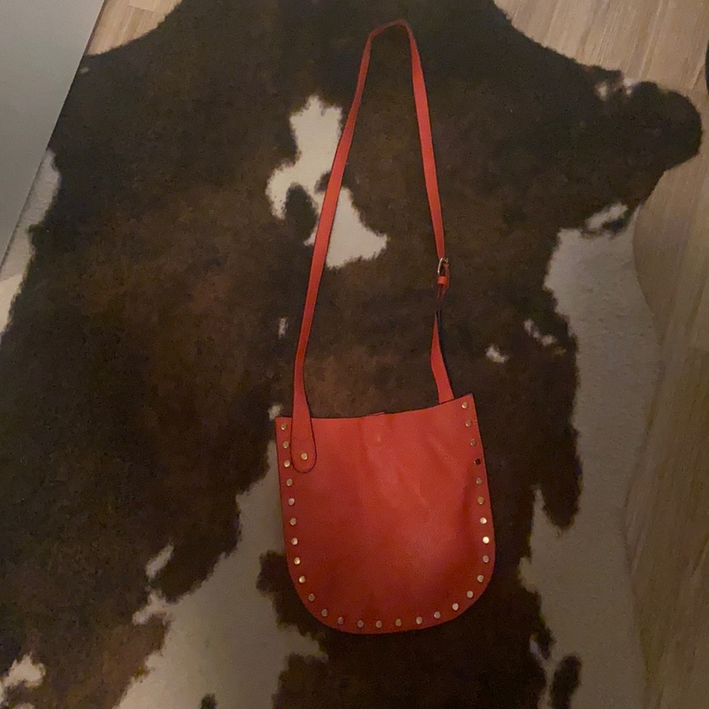 Coral/red crossbody bag with gold studs
